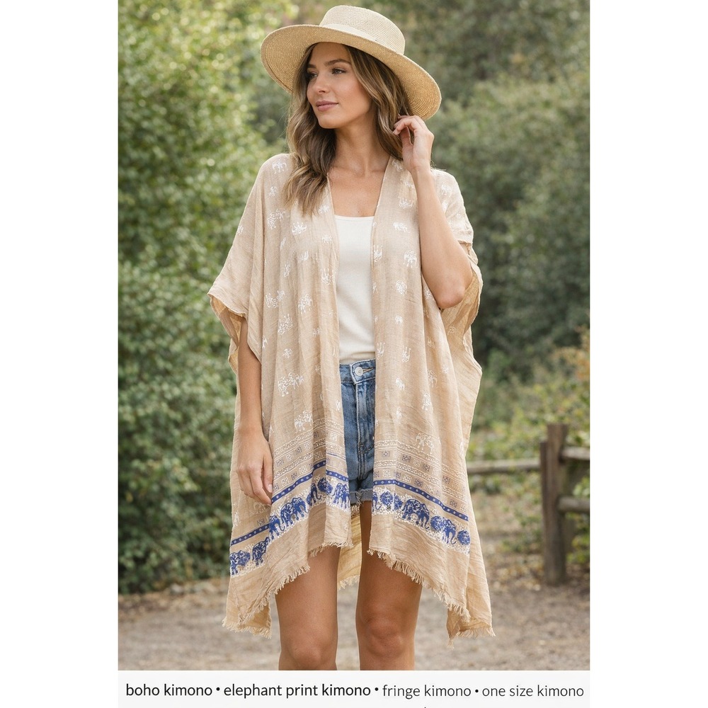 Indie Bohemian Fringe Cape Lightweight Oversized Elephant Print One Size Retro